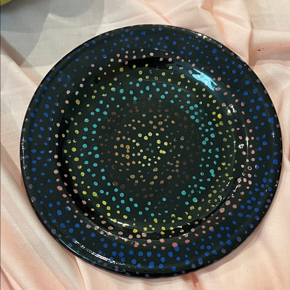 Hand-Painted Black Dot Plate with Rainbow Dots